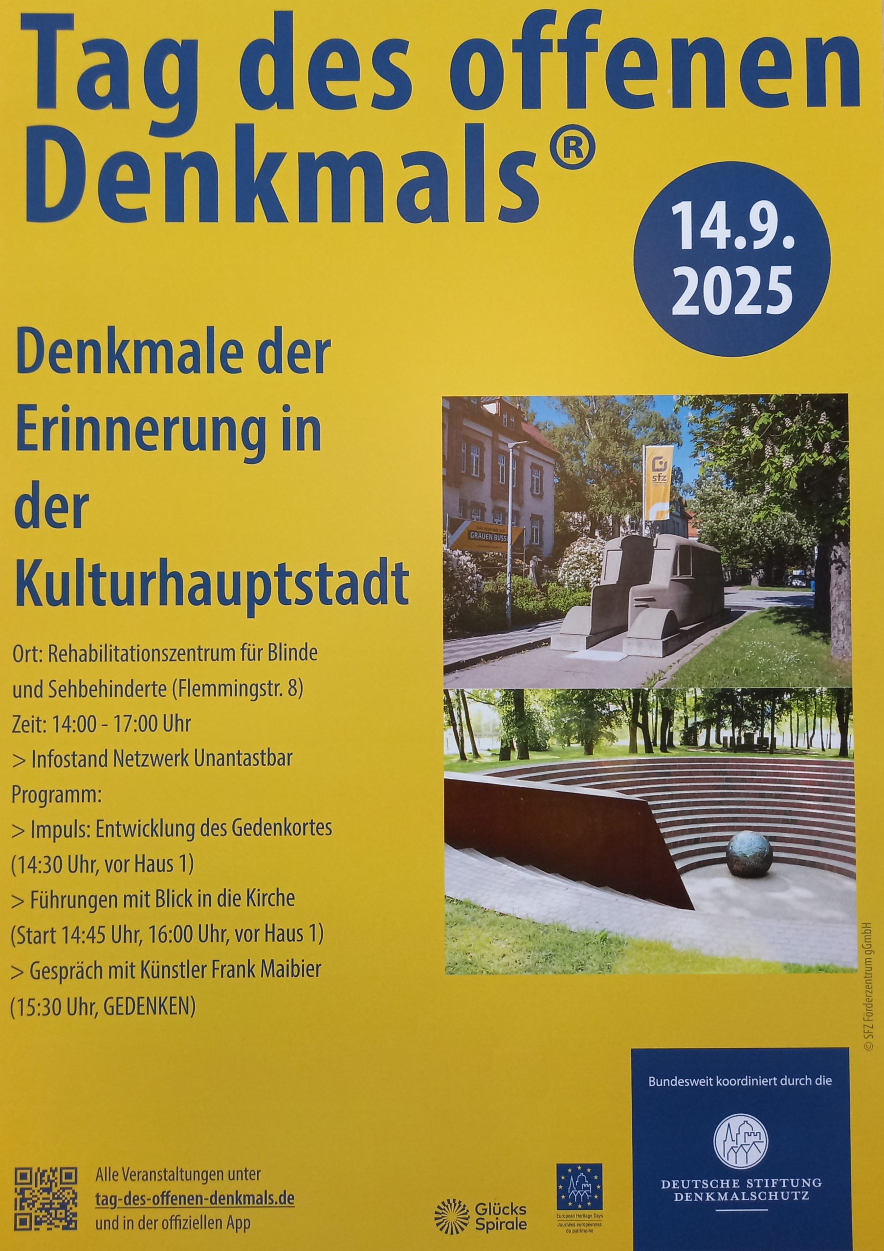 20250904_122441 Plakat, welches den Tag des offenen Denkmals am 14.09.2025 in der Zeit von 14:00 bis 17:00 Uhr im Rehabilitationszentrum für Blinde und Sehbehinderte bewirbt.